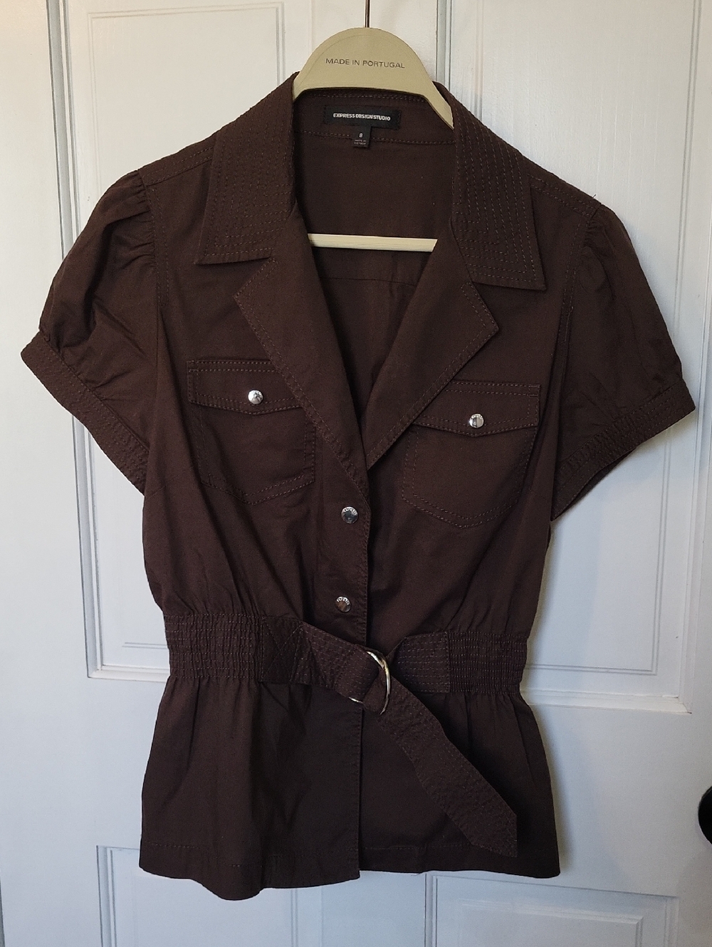 Express Brown Short-Sleeve Button Front Belted Top